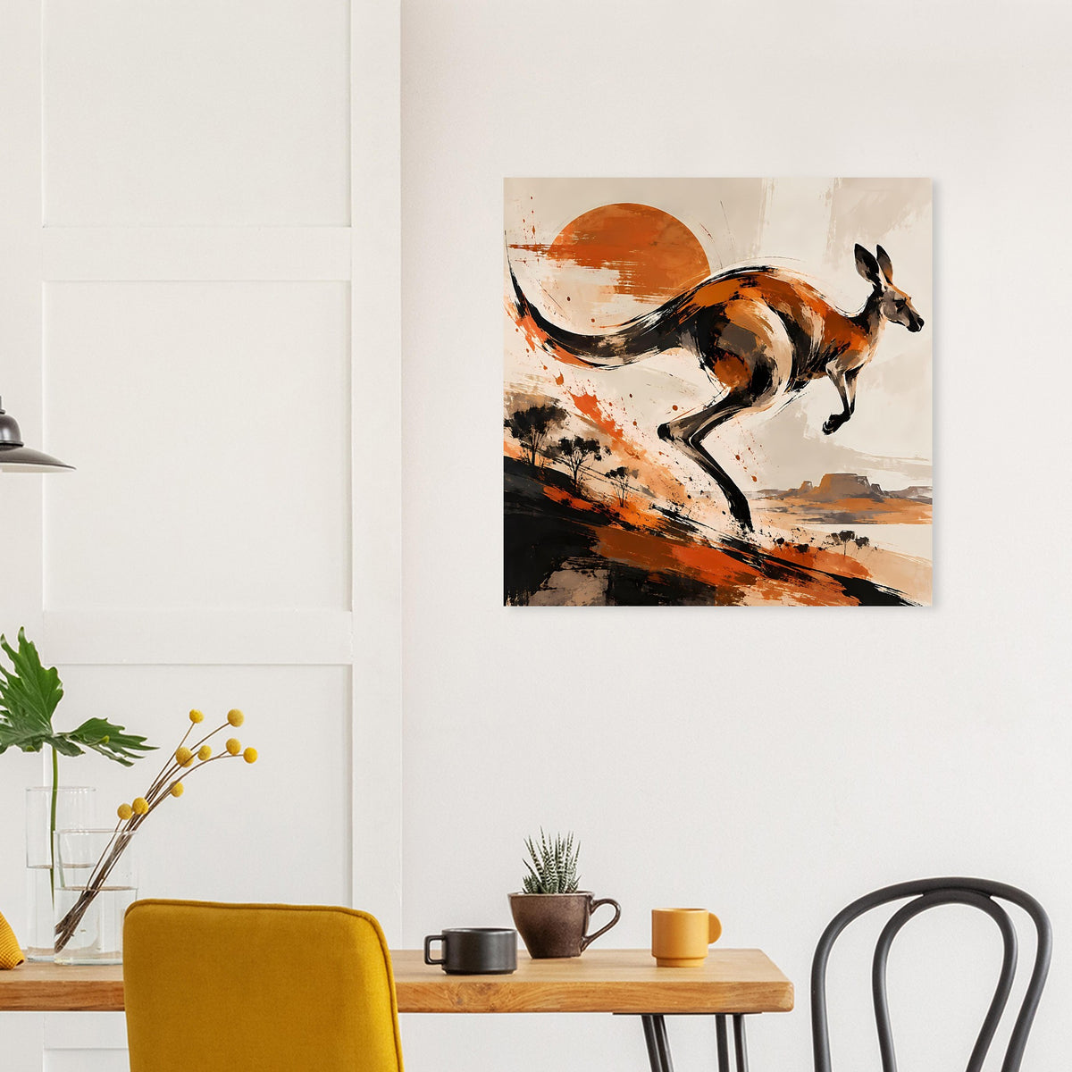 Wandbild mit Känguru-Motiv, abstrakte Pinselstriche in warmen Erdtönen