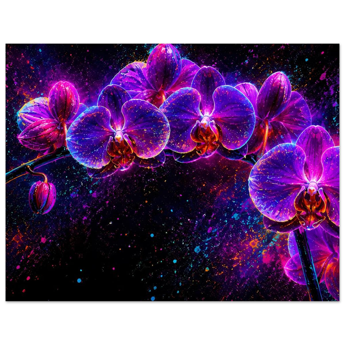 Abstraktes Blumenposter, horizontales Motiv: Neon-Orchideen in Pink und Violett, seitliche Blüten