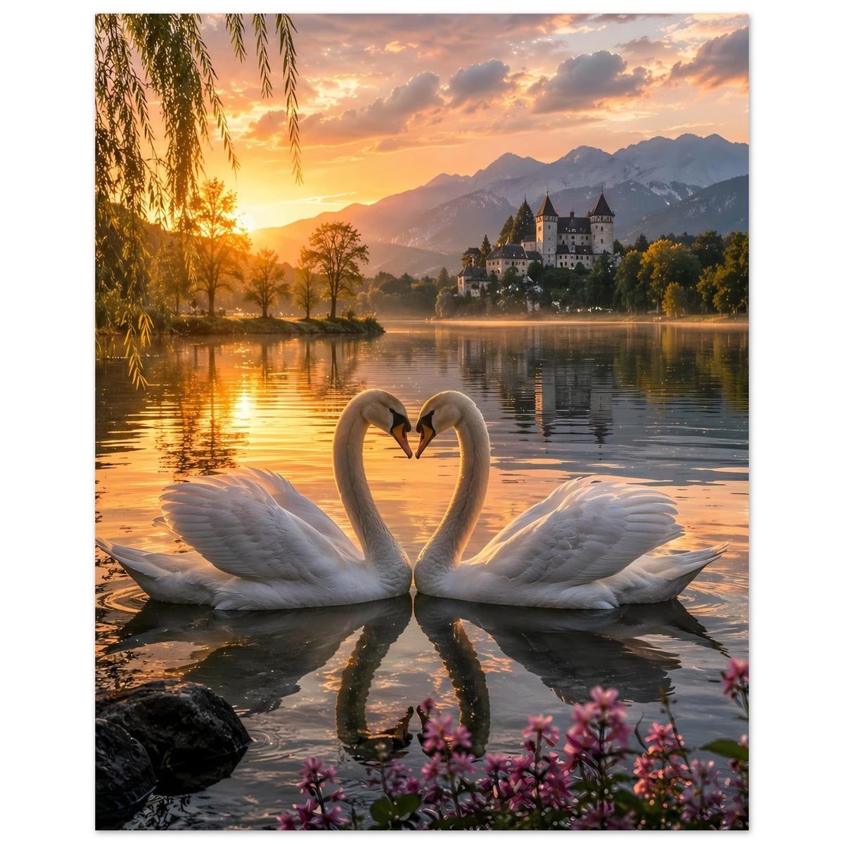 Poster mit Herz-Schwänen, ruhiger See mit Reflexion, Schloss in der Ferne, warmes Abendlicht