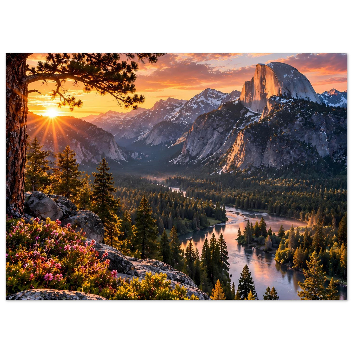 Poster mit Berglandschaft bei Sonnenuntergang: Fluss im Tal, Tannenwald und Felsformation