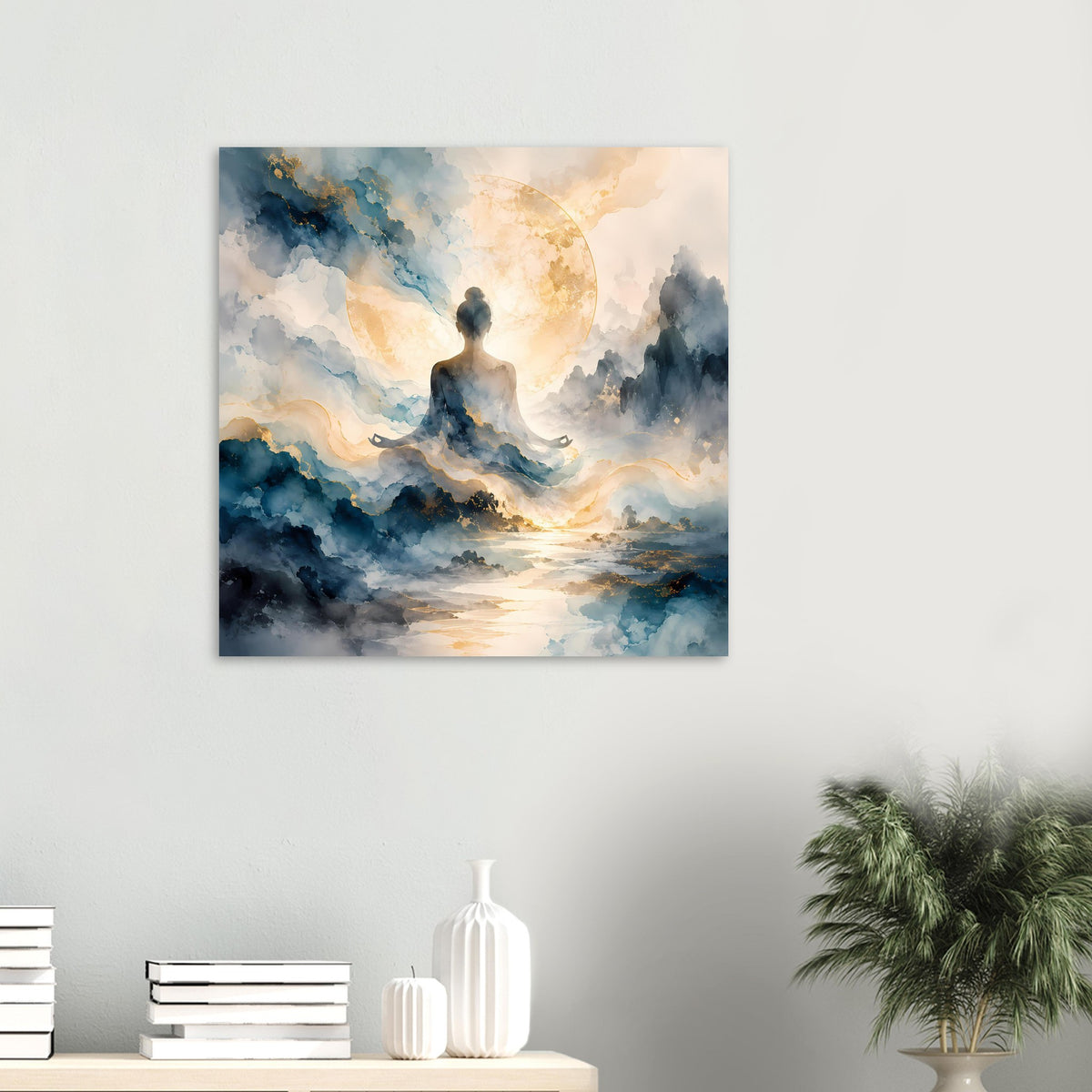 Quadratisches Poster mit Meditationsfigur, umgeben von blauen Wolken und goldenem Licht