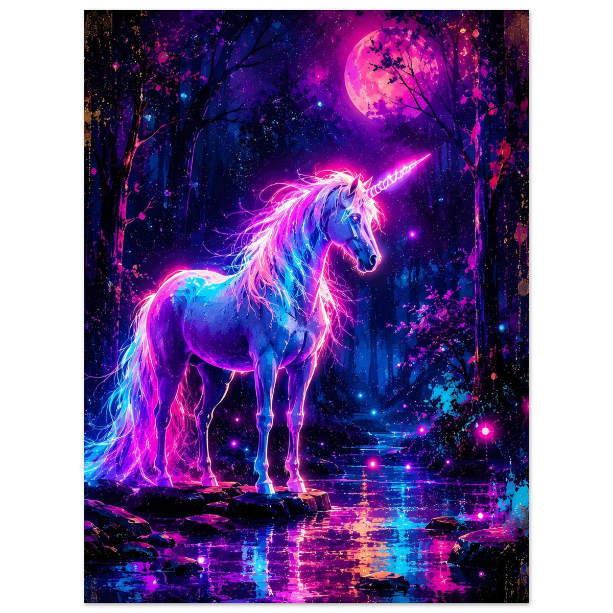 Neon-Einhorn-Poster: leuchtendes Einhorn im Wald vor Vollmond, pink-blau schimmernd