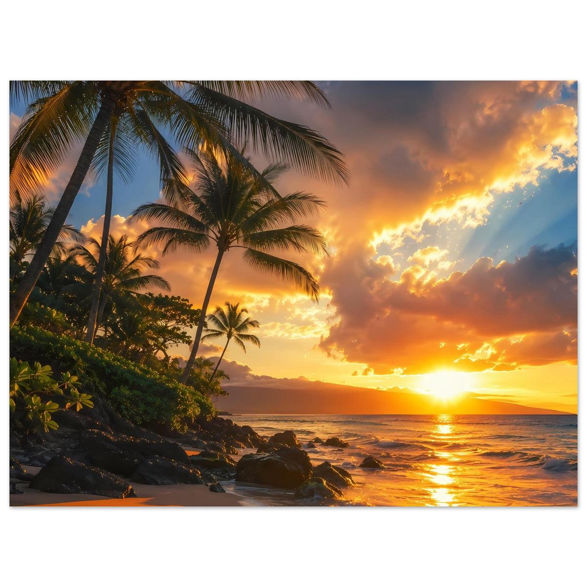 Strandposter mit Palmen am Küstenhang, Felsen am Strand und Sonnenuntergang