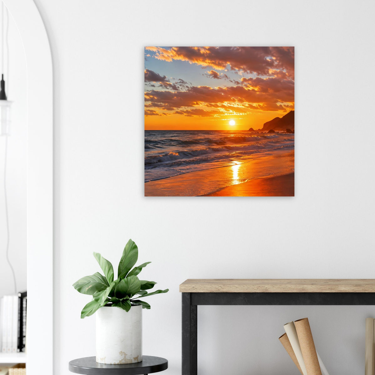 Quadratisches Poster im Holzrahmen: Sonnenuntergang am Strand, Wellen im Vordergrund