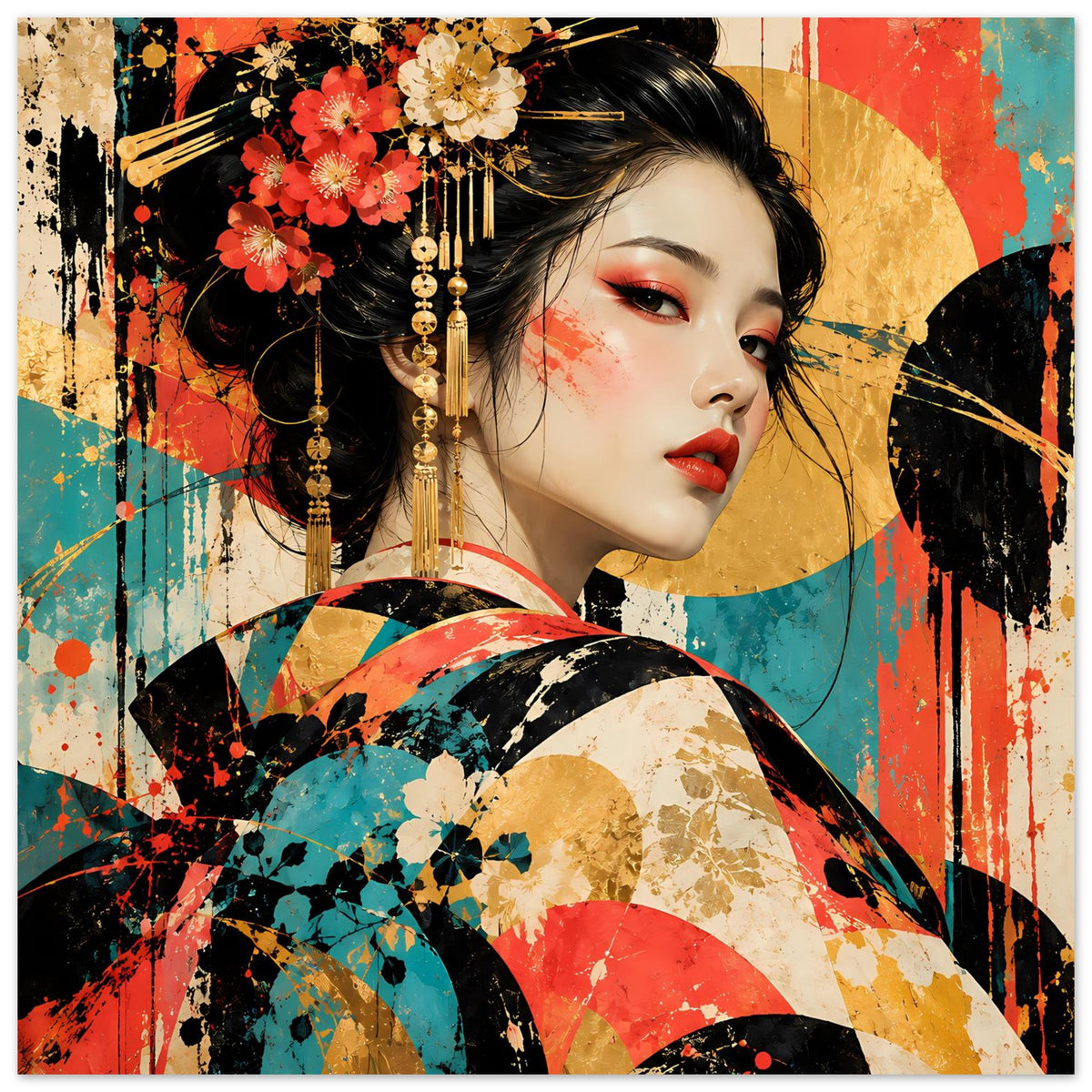Kunstdruck Geisha-Porträt mit rotem Lippenstift, goldenen Accessoires und farbigem Schirm