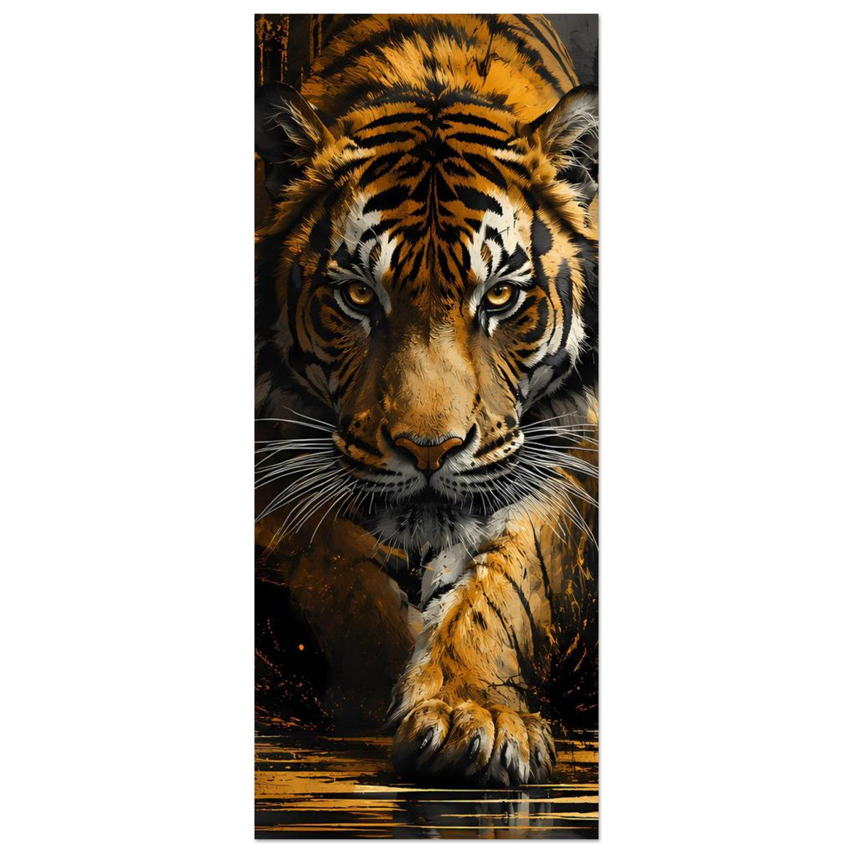 Poster, hochkant: Tigerkopf und Vorderpfote, gelb-schwarz gestreift