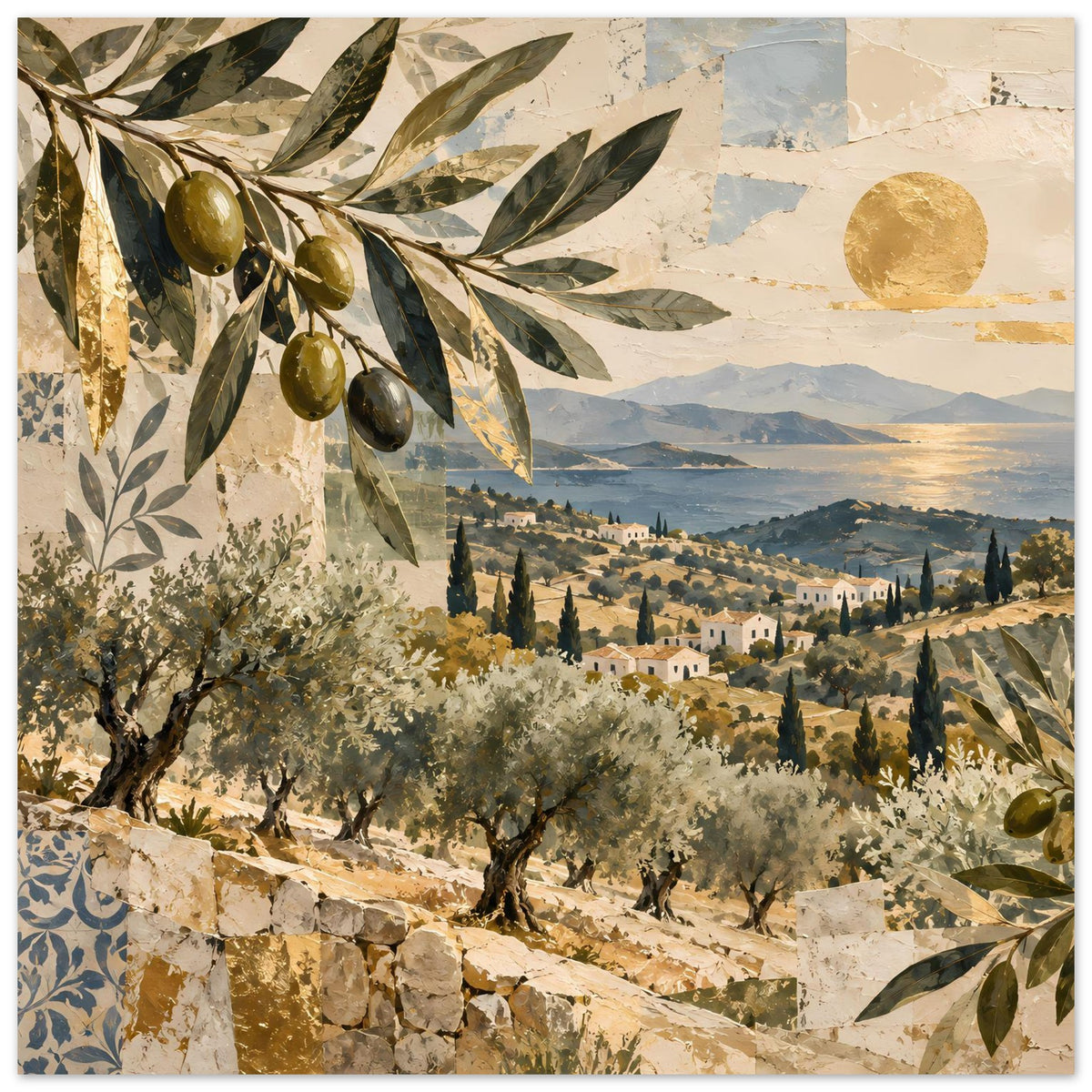 Poster mit mediterraner Olivenhain-Landschaft: Olivenzweige links, Dorf im Tal, goldene Sonne