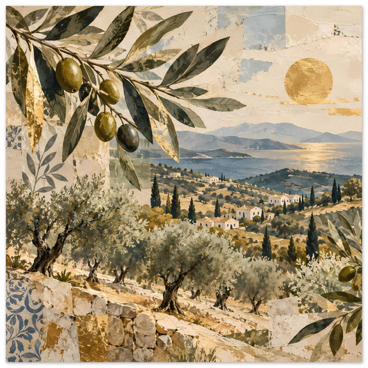 Poster mit mediterraner Olivenhain-Landschaft: Olivenzweige links, Dorf im Tal, goldene Sonne