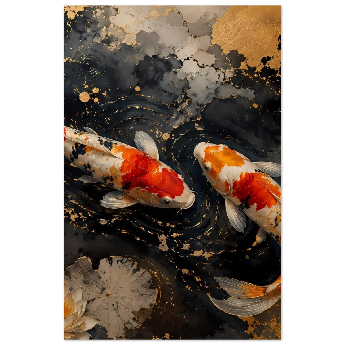 Poster mit zwei Koi-Fischen im dunklen Wasser, goldene Verwirbelungen und Seerosen