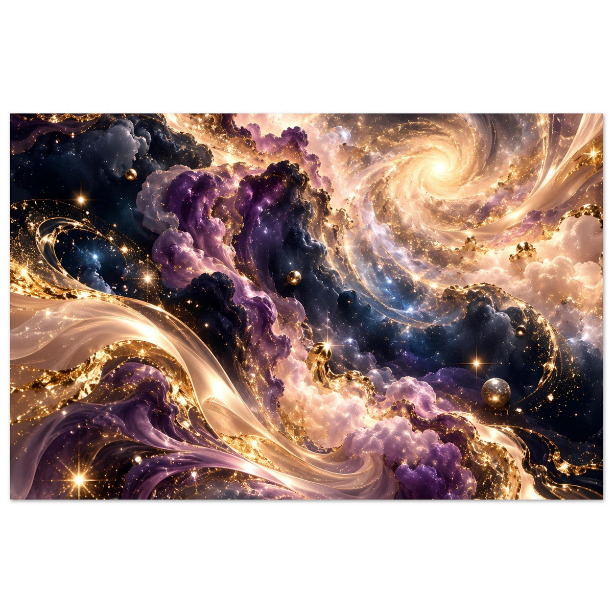 Kosmischer Kunstdruck im Querformat mit gold-violetten Schleifen, Planetenpunkten und Sternen