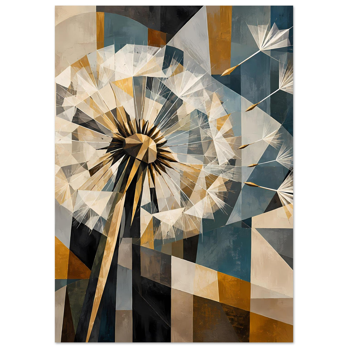 Vertikales Poster mit abstrakter geometrischer Pusteblume, Blautöne, Beige und Gold