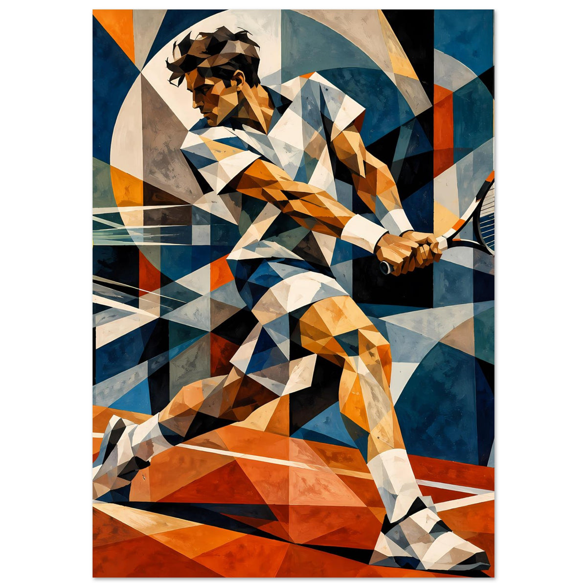 Vertikales Kunst-Poster mit Tennisfigur und Schläger im geometrischen Design
