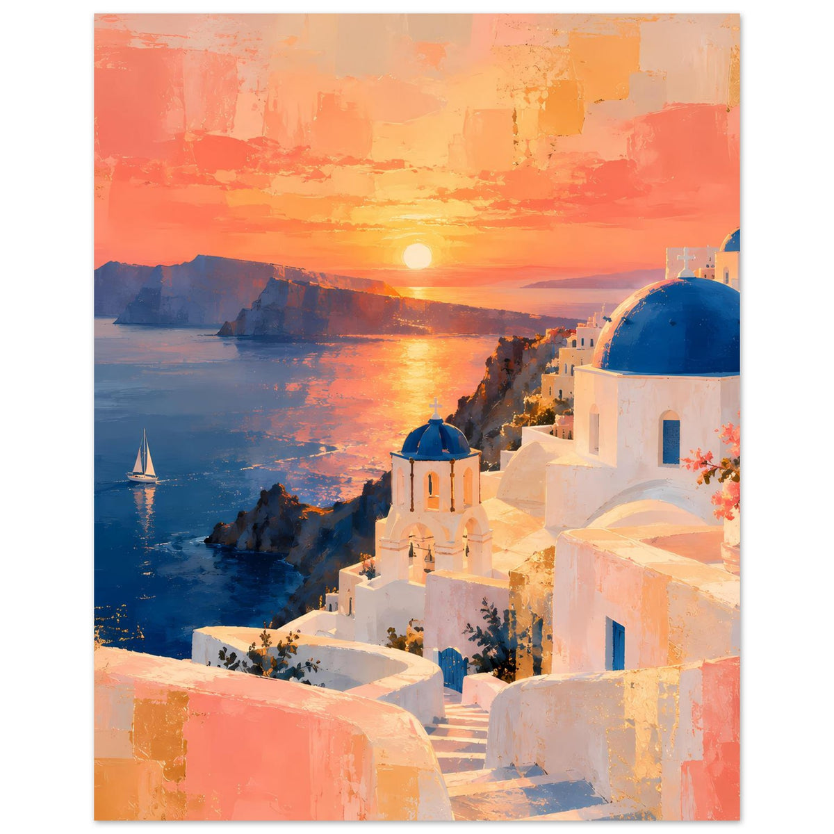 Wandposter im Hochformat mit Sonnenuntergang, Meerblick und weißen Häusern mit blauen Kuppeln