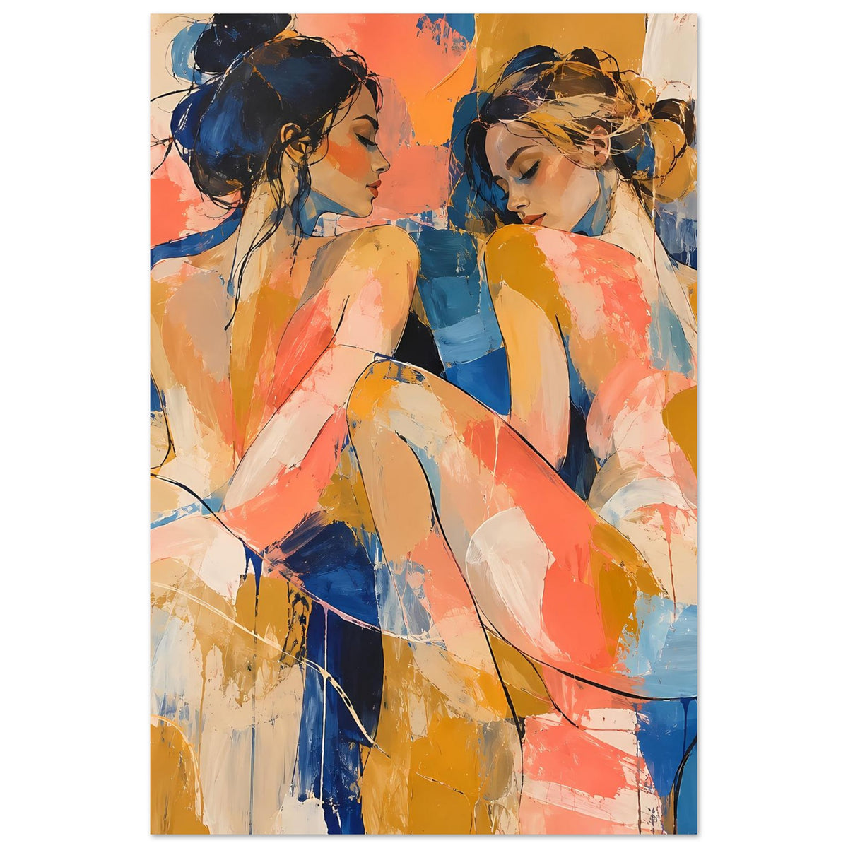 Kunstposter mit abstraktem Figurenpaar, Damen in Blau und Koralle, Hochformat
