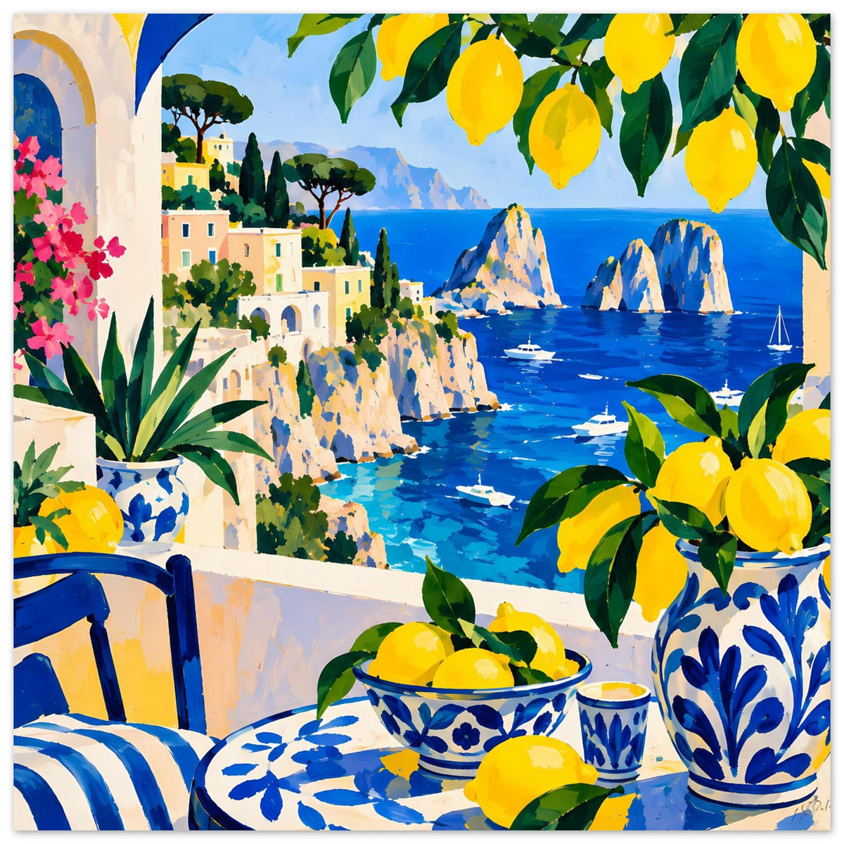 Poster: mediterrane Küste in Blau und Gelb, Zitronen, Keramikgeschirr und Pflanzen