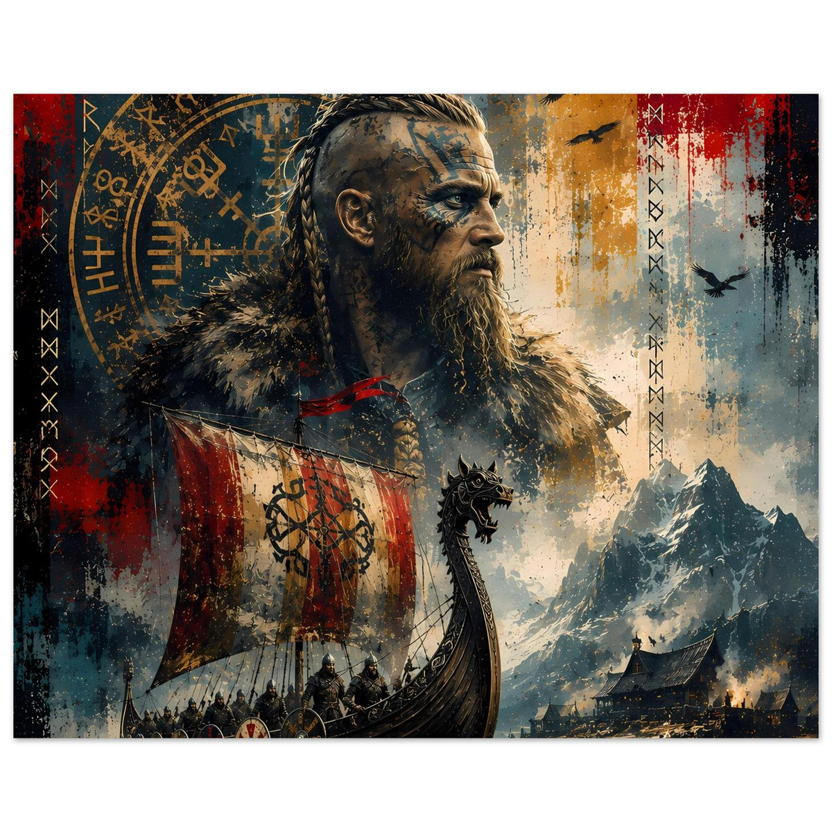 Wikingersaga-Poster im Querformat: Bartmann, Langschiff, Berge und Runenmuster