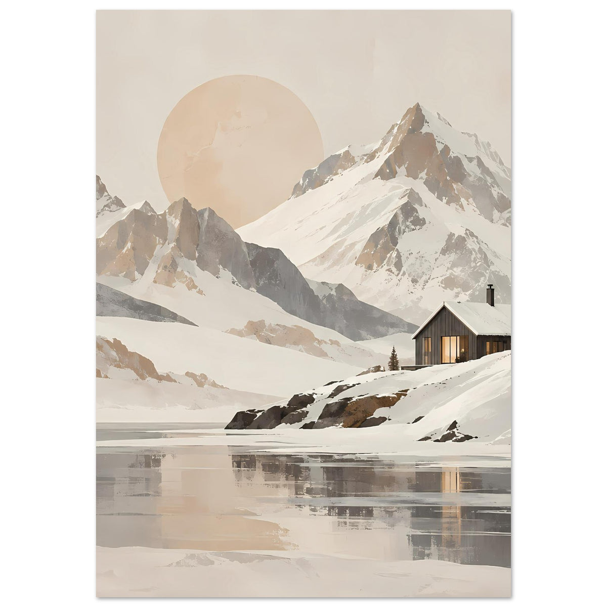 Berglandschafts-Poster in Beige- und Grautönen mit Sonne, Bergrücken, Winterhaus und Reflexionen