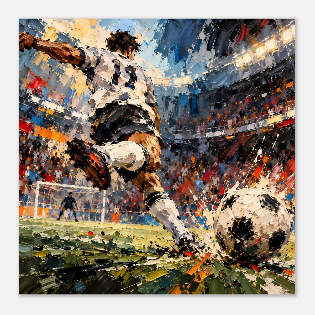 Horizontales Fußball-Actionposter mit Stürmer links, Ball rechts und intensivem Farb-Splatter