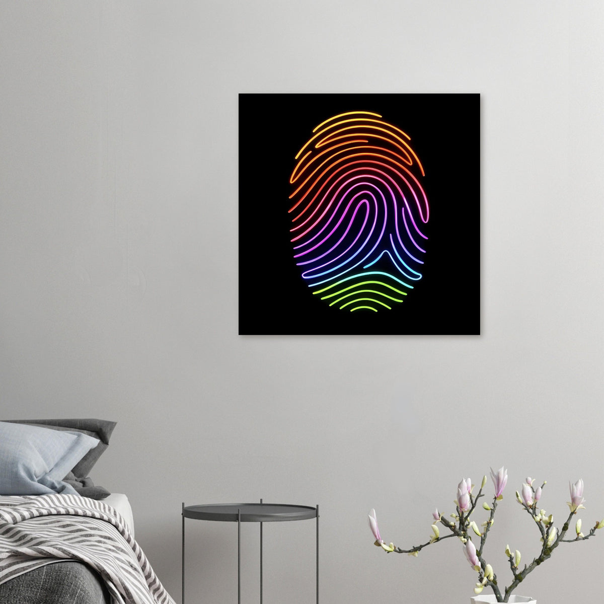 Kleines Neon-Regenbogen-Fingerabdruck-Poster: Linien in Orange, Pink, Blau und Grün auf Schwarz