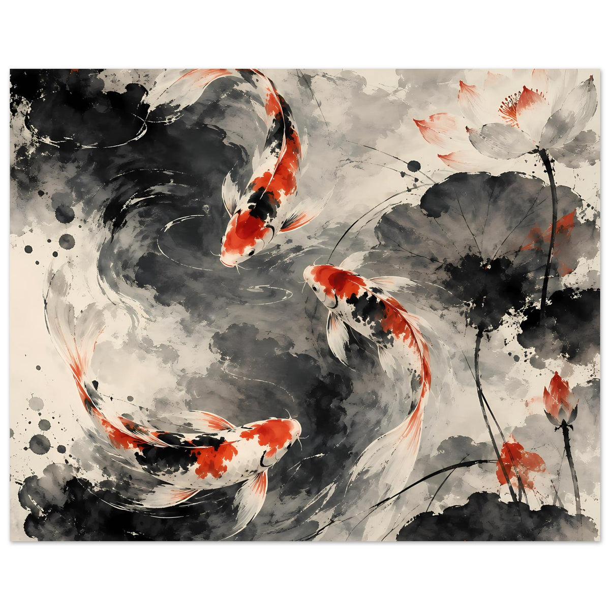 Poster mit Koi-Fischen im Tusche-Stil, grau-schwarz, orange Fische und Tinten-Spritzer, quer