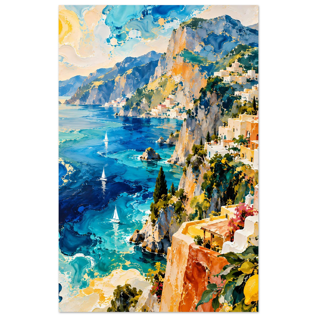 Landschaftsposter, schmal zugeschnitten: türkisblaues Meer, Felsklippen und Häuser am Ufer