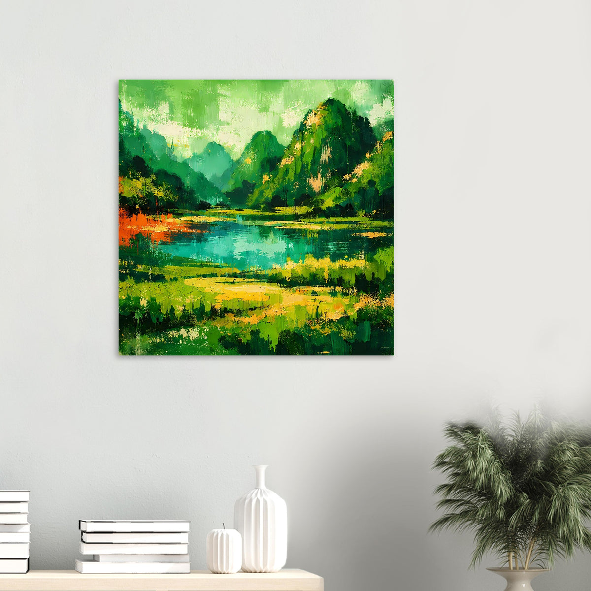 Quadratisches Poster mit grüner Berglandschaft und türkisblauem See, abstrakt gemalt.