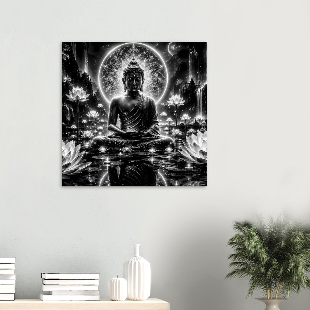 Buddha-Poster in Schwarzweiß: sitzender Buddha mit leuchtendem Kreis-Halo