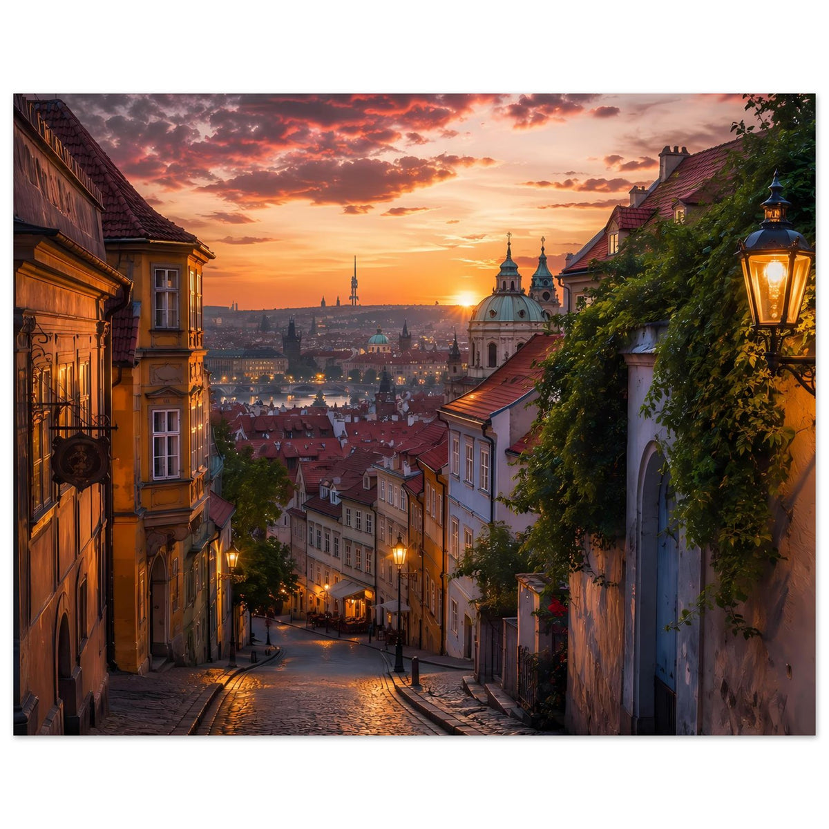 Stadtlandschafts-Poster mit Blick auf Gasse, Laterne vorn und Kirchtürme bei Sonnenuntergang