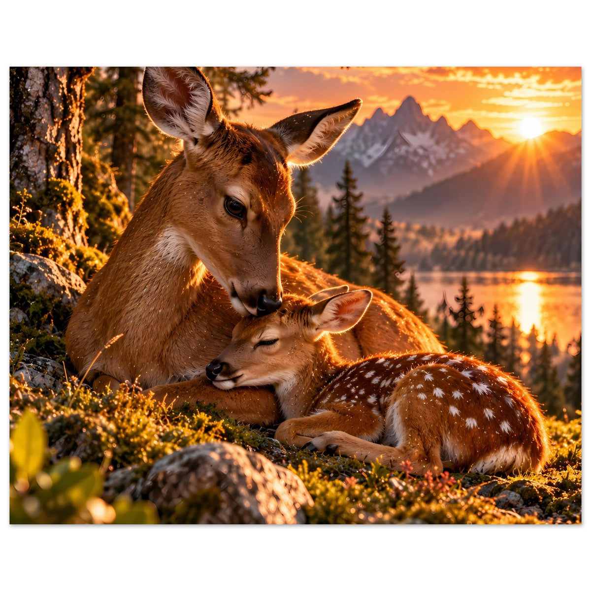Hirsch-Motiv Poster: Reh und Kitz bei Sonnenuntergang, warmes Licht, horizontal