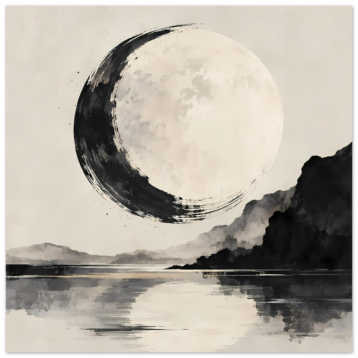 Poster Schwarzweiß: großer Mond über Landschaft, dunkler Rand und reflektierender See