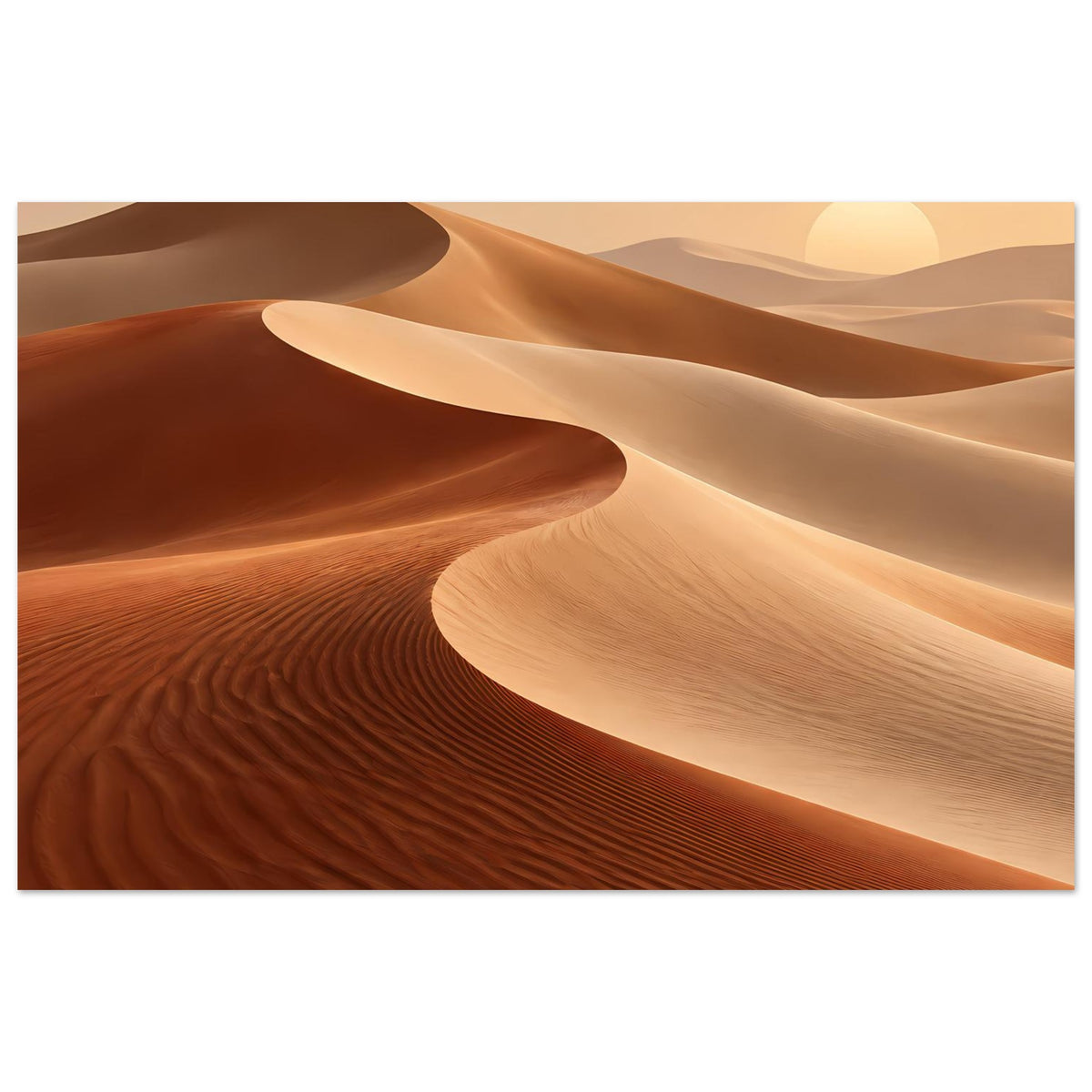 Horizontales Wandposter mit warmen Wüstendünen, hellen und dunklen Sandflächen.
