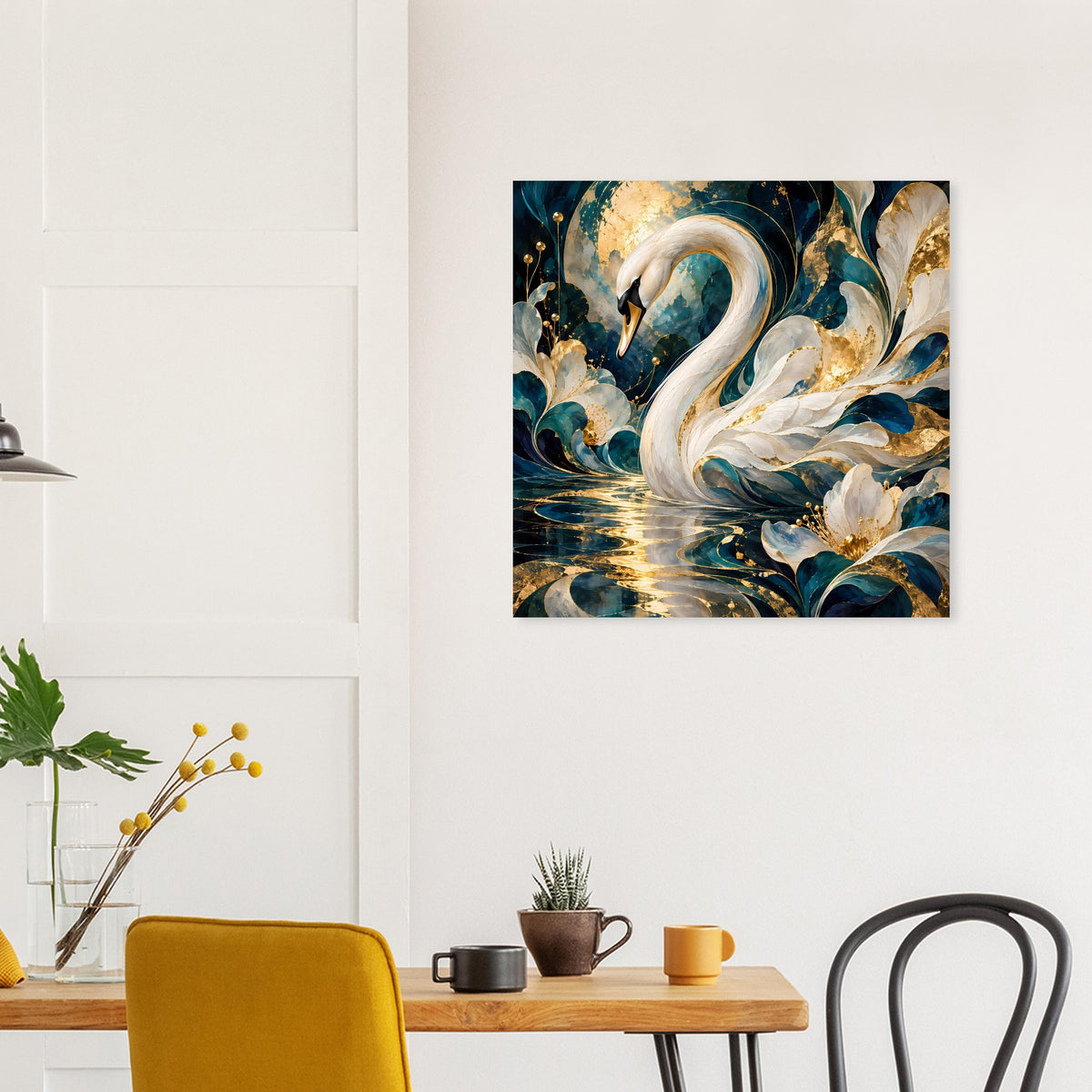 Quadratisches Wandposter: weißer Schwan in türkis-goldener Farbkomposition mit Glanzlinien