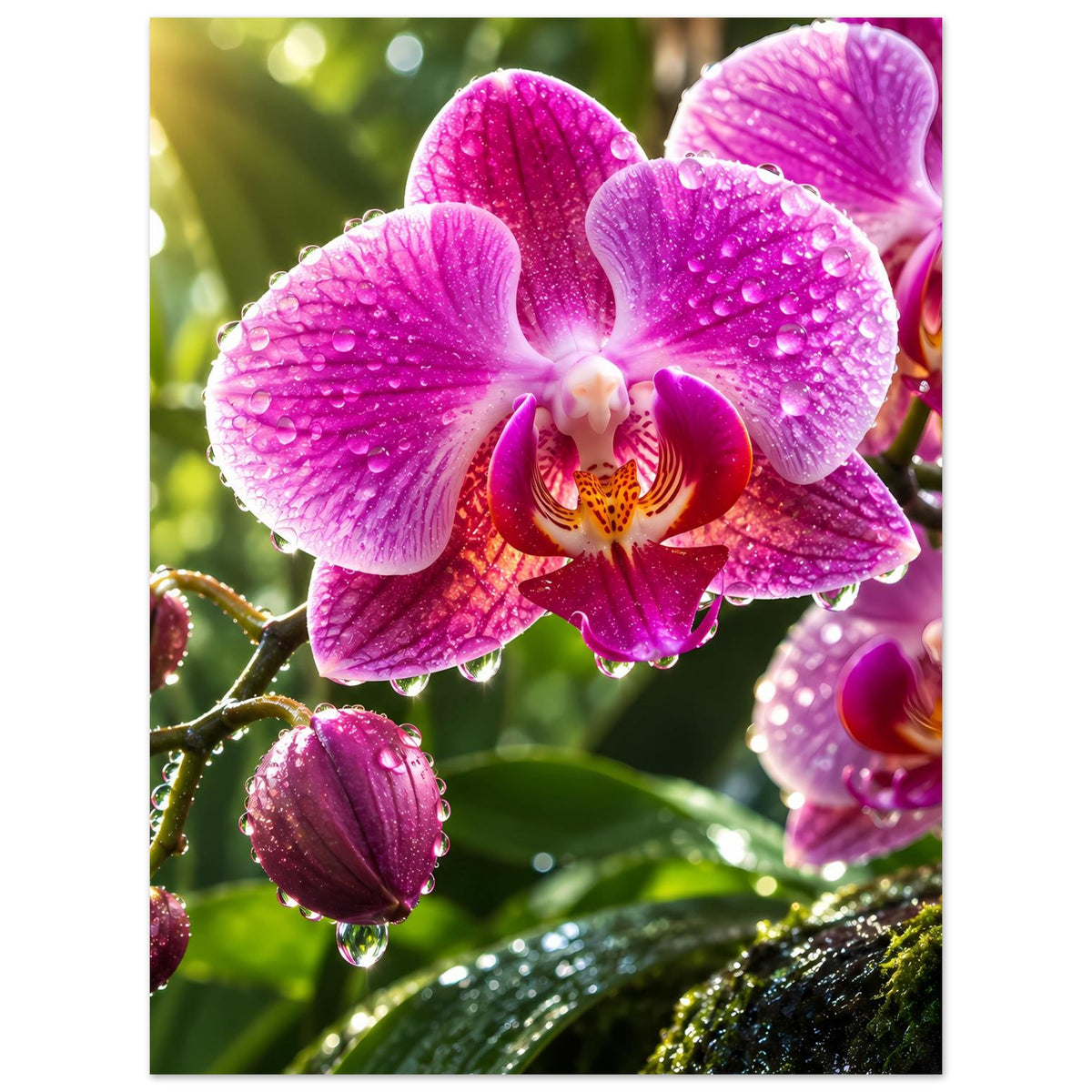 Hochformatiges Poster mit pinken Orchideenblüten und glitzernden Tropfen