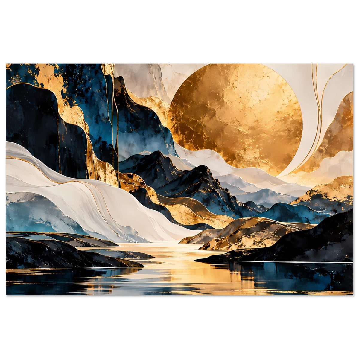 Kunstposter mit abstraktem Gebirge: goldene Sonne, blaue Felsen und ruhiges Wasser