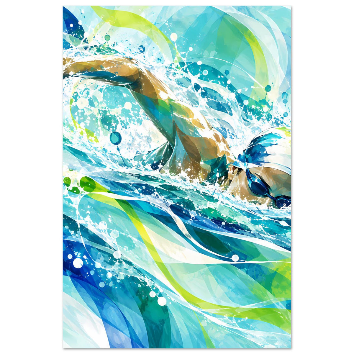 Hochformat-Poster mit dynamischer Schwimmergrafik, sprühende Partikel und Blau-Grün-Farben