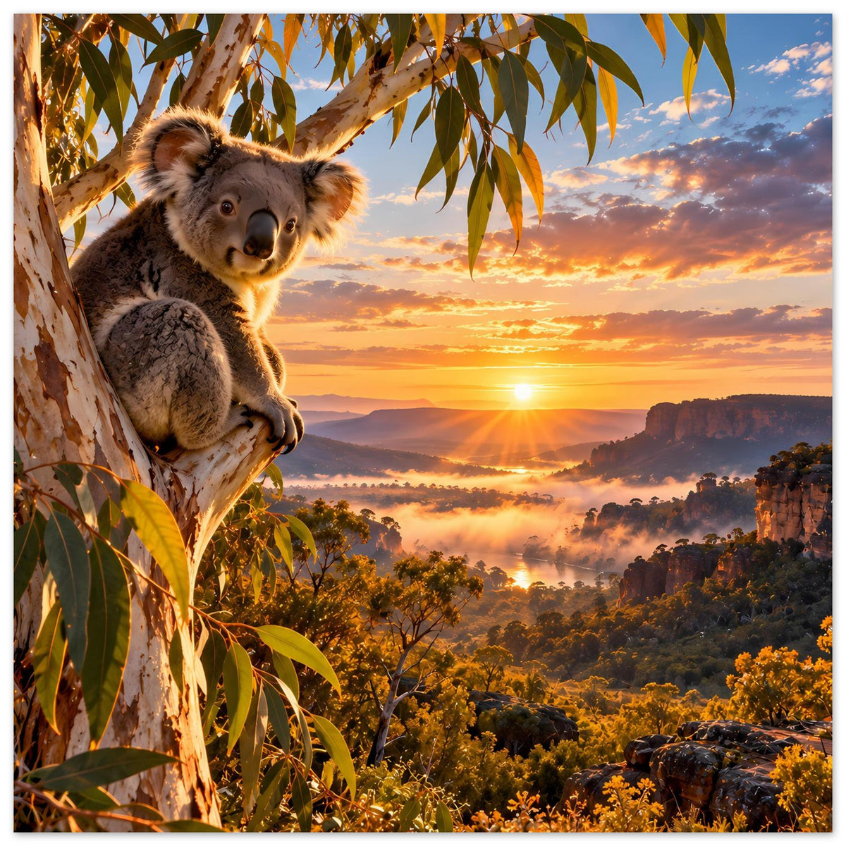 Koala-Poster im Hochformat: Koala am Baumstamm, weitläufige Landschaft mit warmem Sonnenlicht