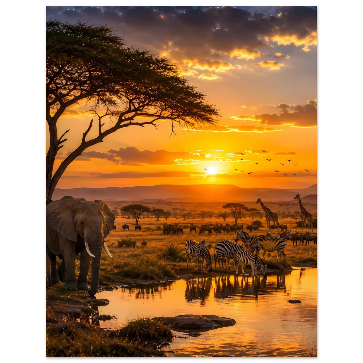 Poster mit Elefanten am Wasserloch und Zebras im Gras, Sonne im Hintergrund der Savanne