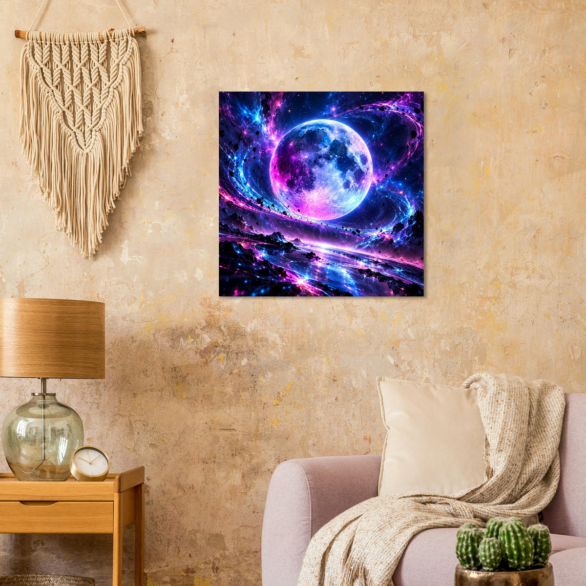 Quadratisches Galaxie-Poster mit kosmischem Raumwirbel und Planetenkugel in Blau/Violett