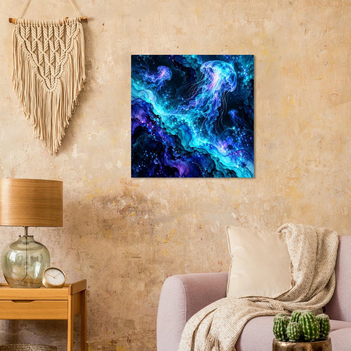 Leuchtendes Quallen-Poster mit blau-violettem Lichtmeer und Quallenformen, quadratisch