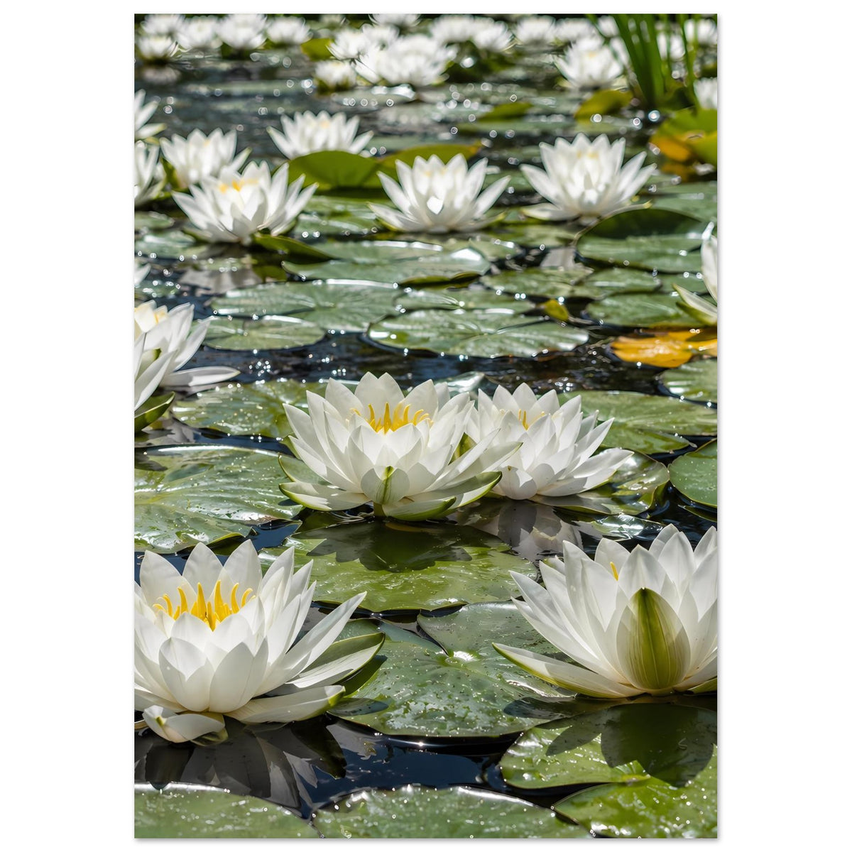 Poster mit weißen Seerosen auf grünem Teichwasser, Fokus auf mittlere Blüten und Blätter.