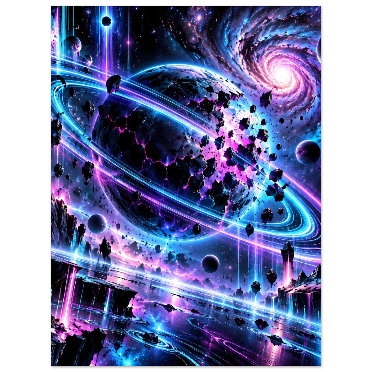 Neon-Galaxie-Poster mit futuristischen Strahlen, schwarzem Planeten, lila Partikeln und Sternen