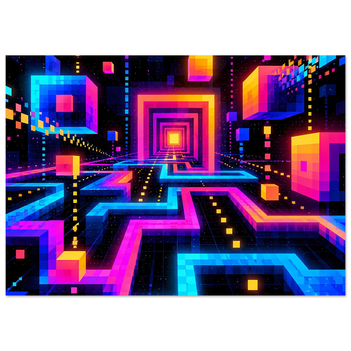 Neon-Poster im Querformat mit geometrischem Labyrinth, zentralem Bildschirmrahmen und leuchtenden Wegen
