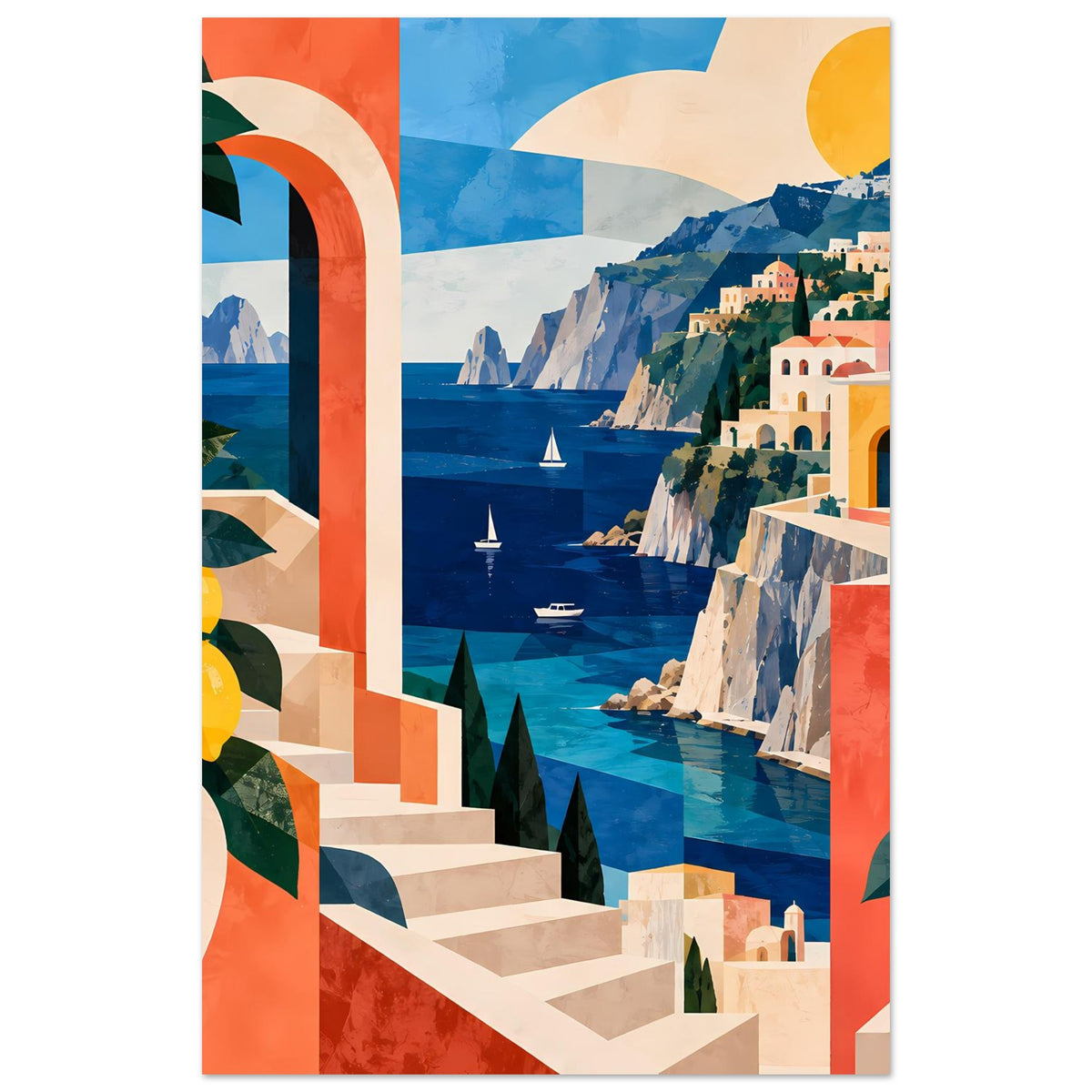 Mediterranes Küstenposter: Arkadenwand links, Meer mit Segelbooten, Häuser an Klippen