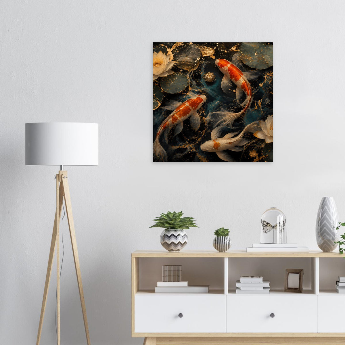 Koi-Teichkunstposter, quadratisch, mit mehreren Koi-Fischen und Steinen im Wasser