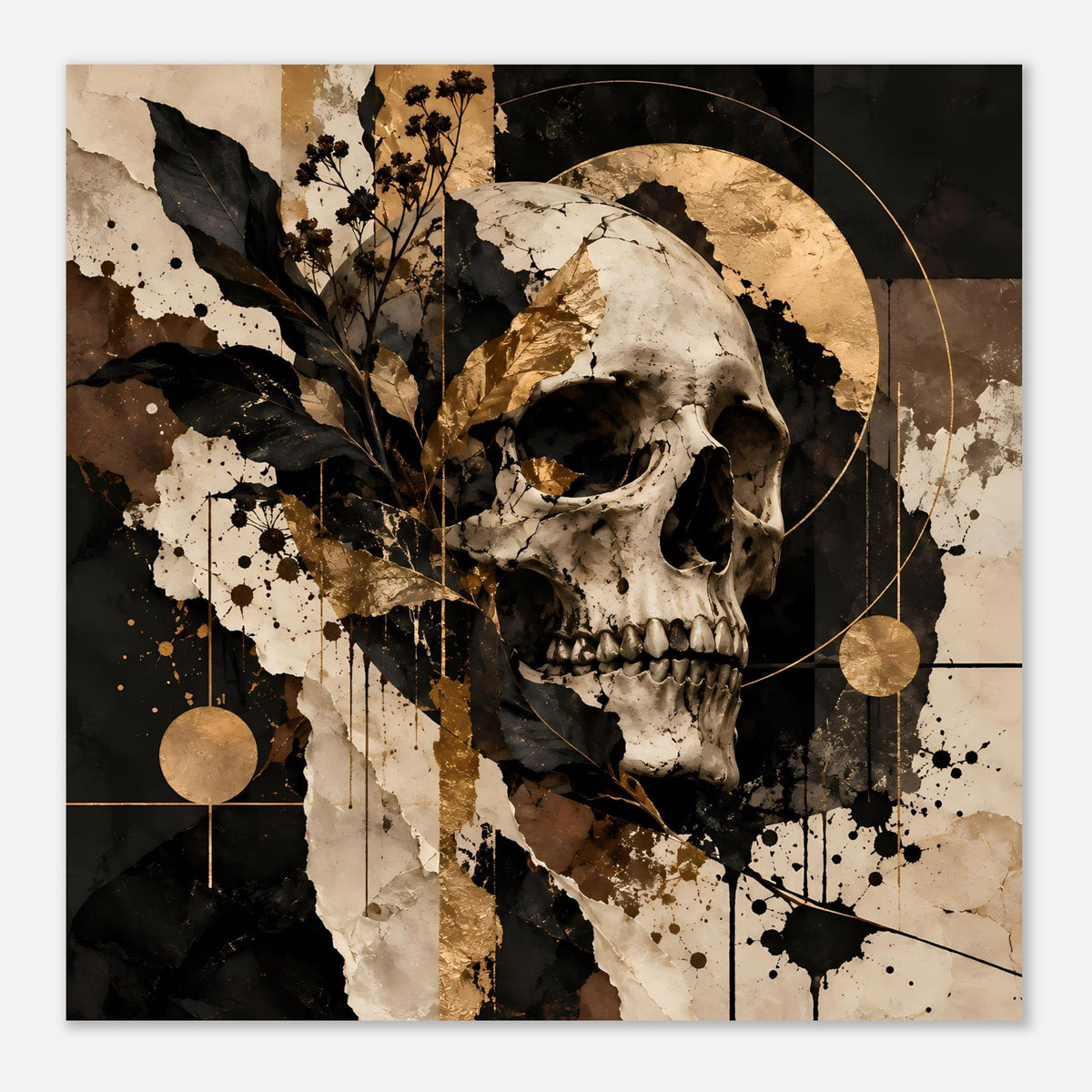 Kunstposter Totenschädel Schwarz-Gold, nahes Motiv mit goldenen Kreisen, Punkten und Linien