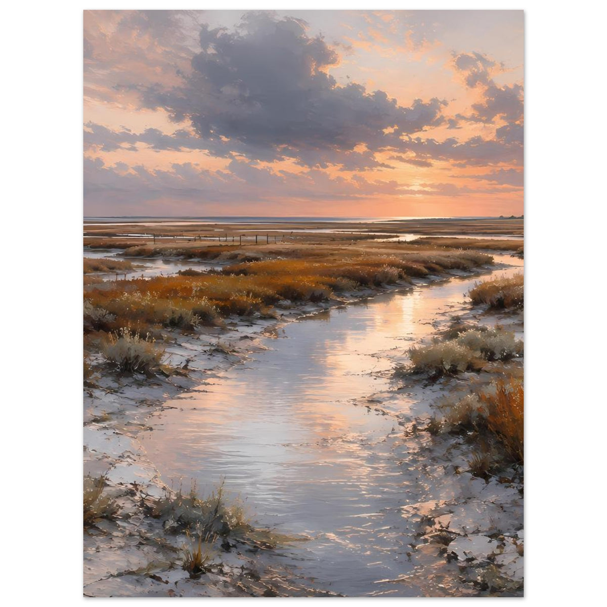 Poster mit Dünen, schmalem Fluss und Leuchtturm bei Sonnenuntergang auf mattem Papier
