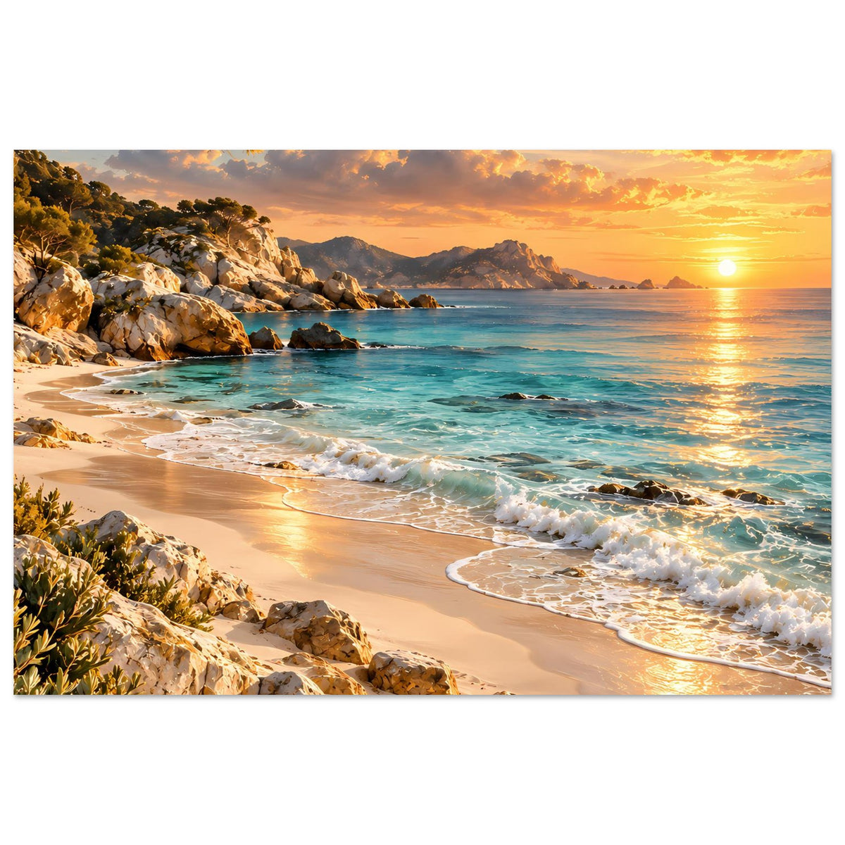 Strand-Poster im Querformat: goldene Sonne, türkisblaues Wasser, Wellen und Felsen