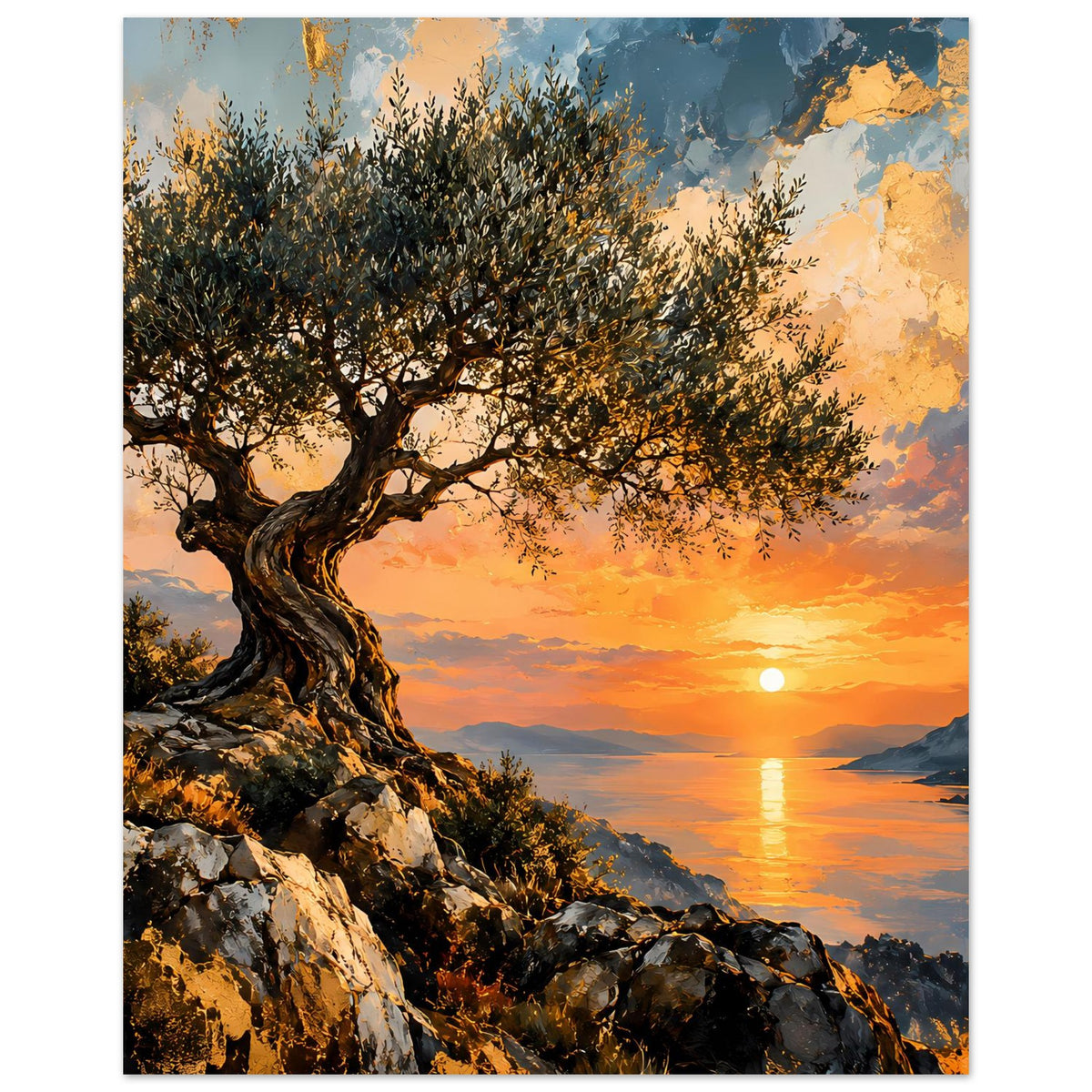 Vertikales Poster mit Olivenbaumkrone, Felsen und Abendhimmel mit sinkender Sonne