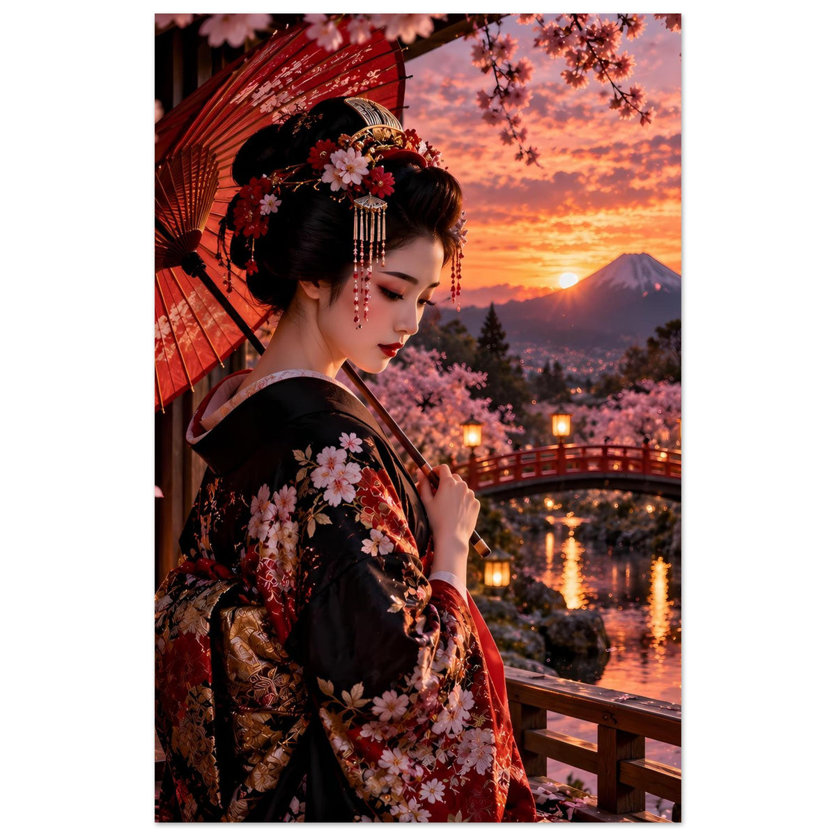 Poster mit japanischer Frau im Kimono, schwarzes Blumenmuster und roter Schirm