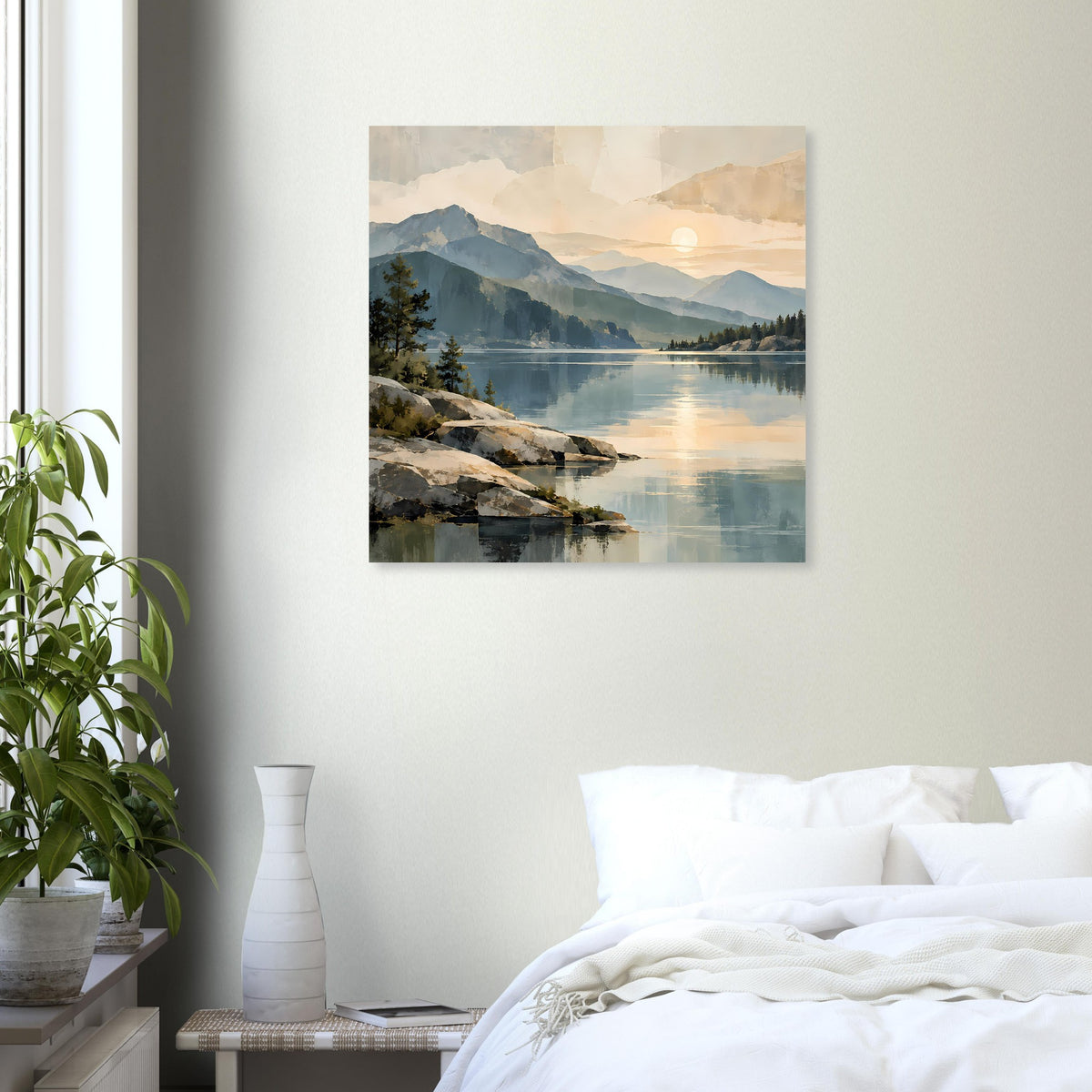Poster mit Bergsee-Sonnenaufgang über ruhigem Wasser, Berge und Ufer